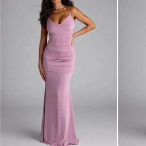 Lavender Spaghetti-Strap v-neck mermaid Ruched Maxi Dress